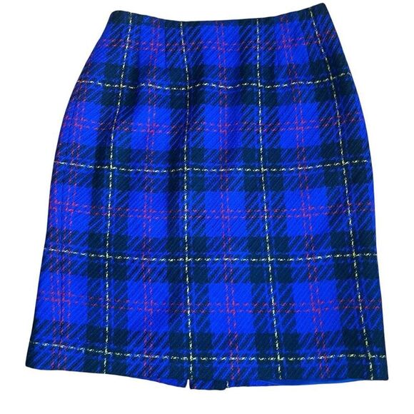 Vintage Kasper 100% Wool Tartan Plaid Skirt - Size 4P - Classic Blue & Red Check - Picture 1 of 6